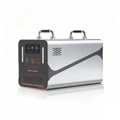 Side perspective view of 1200W emergency portable power station with metallic finish, LCD display, and heavy-duty dual handles