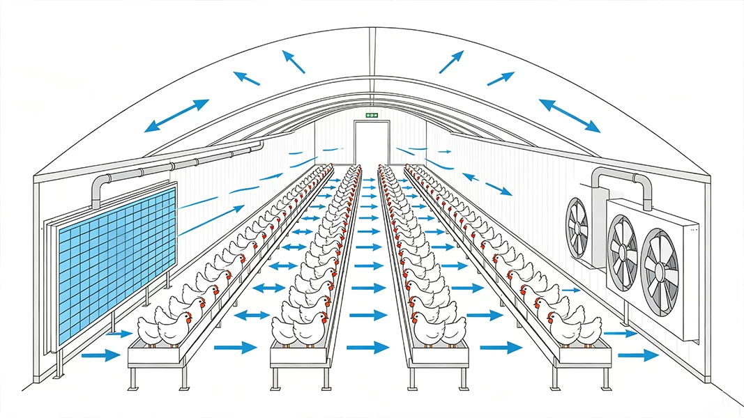 tunnel ventilation system combining exhaust fans and cooling pads