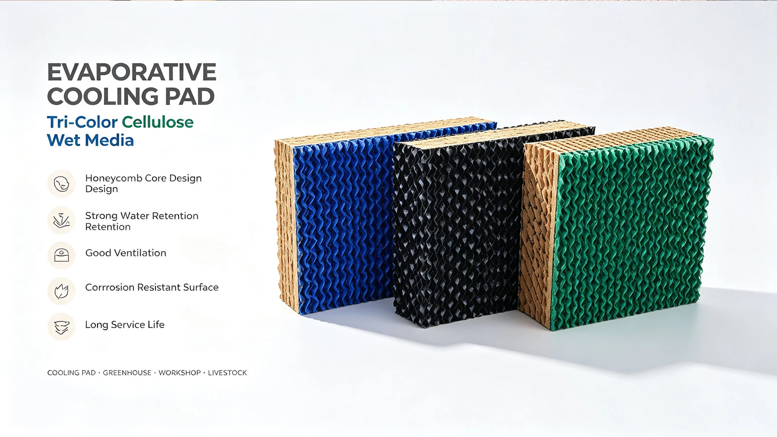 Tri-color coated evaporative cooling pad for poultry house and greenhouse