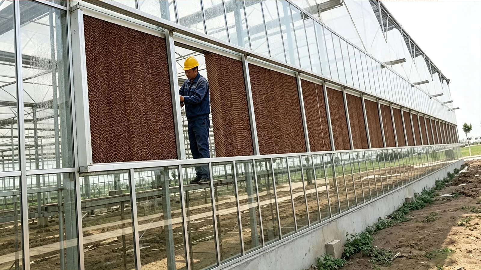 Evaporative cooling pad system installation on commercial glass greenhouse