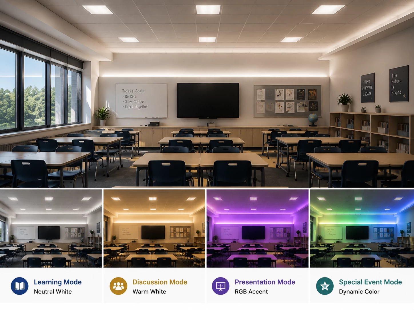Educational RGBW lighting application using customized LED modules for dynamic color and functional illumination