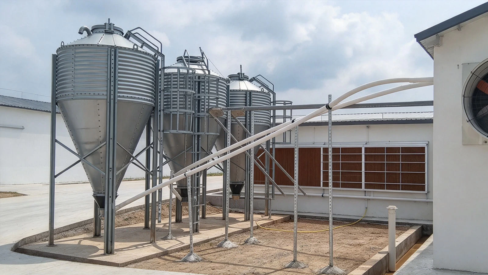 Galvanized automatic feed silos and feeding pipeline system installed outside modern poultry farm house
