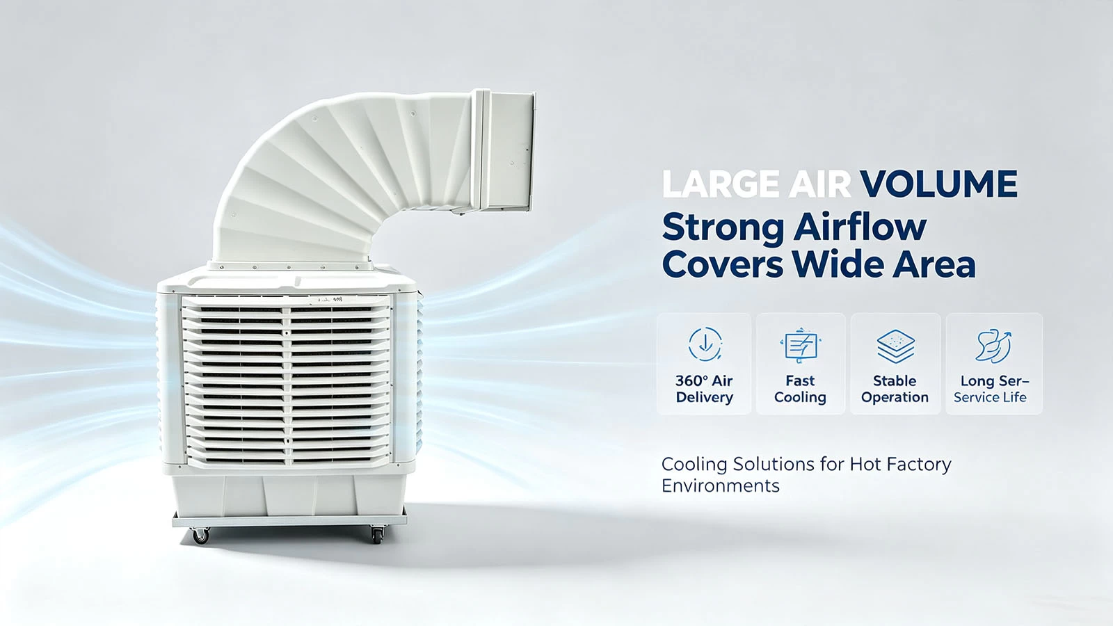Portable industrial swamp cooler with flexible elbow duct for large spaces