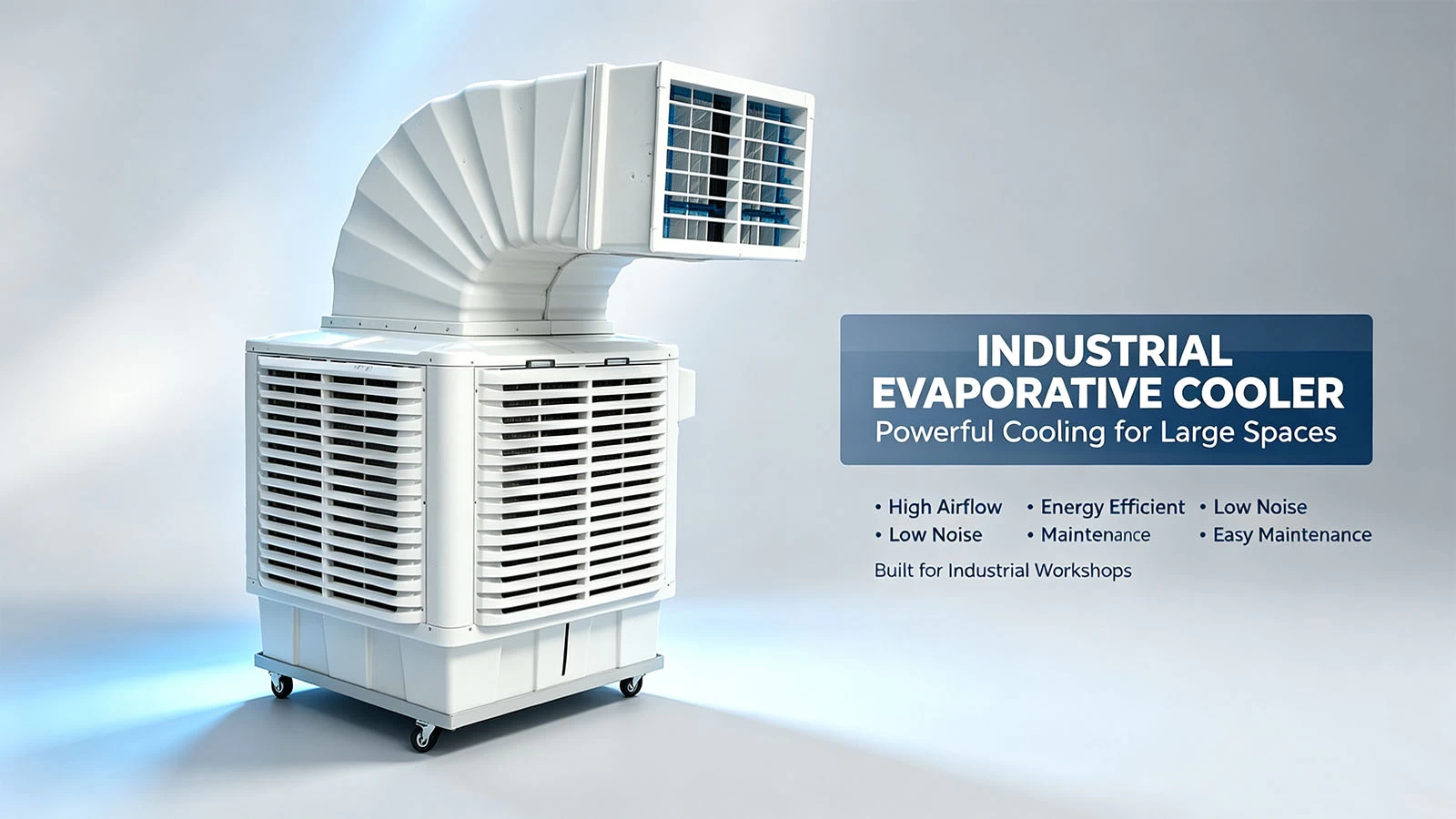Industrial evaporative air cooler with top discharge duct for workshop