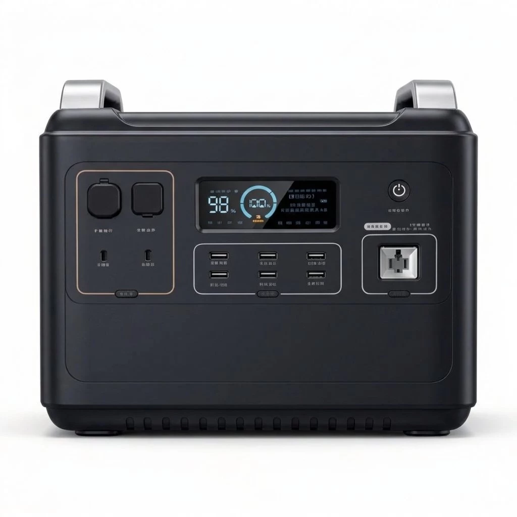 Front angle view of 2000W 2048Wh portable power station with LCD display screen and multiple AC/DC/USB output ports