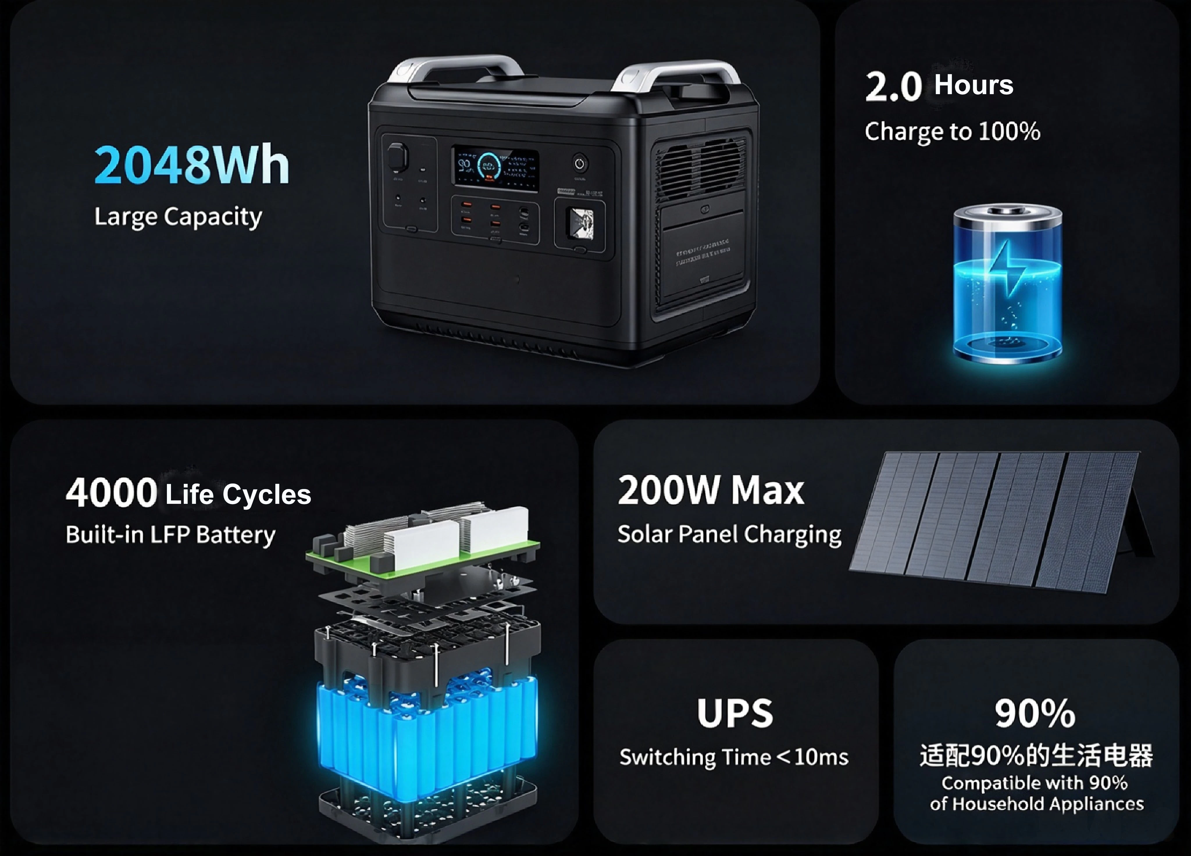 Technical diagram showing 2000W portable power station features with LiFePO4 battery pack, smart APP control, and solar panel connection