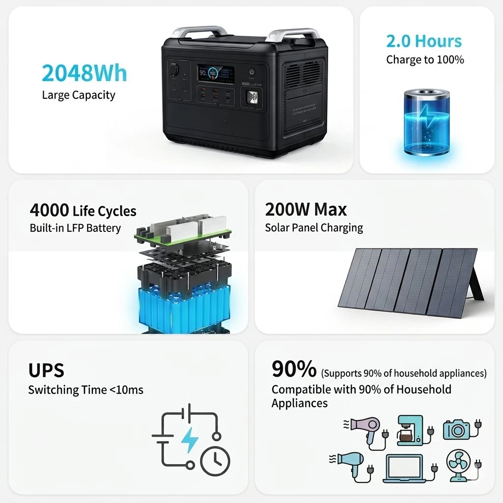 Infographic highlighting 2000W 2048Wh power station specs including LiFePO4 battery, 2.1-hour fast AC recharge, and UPS function