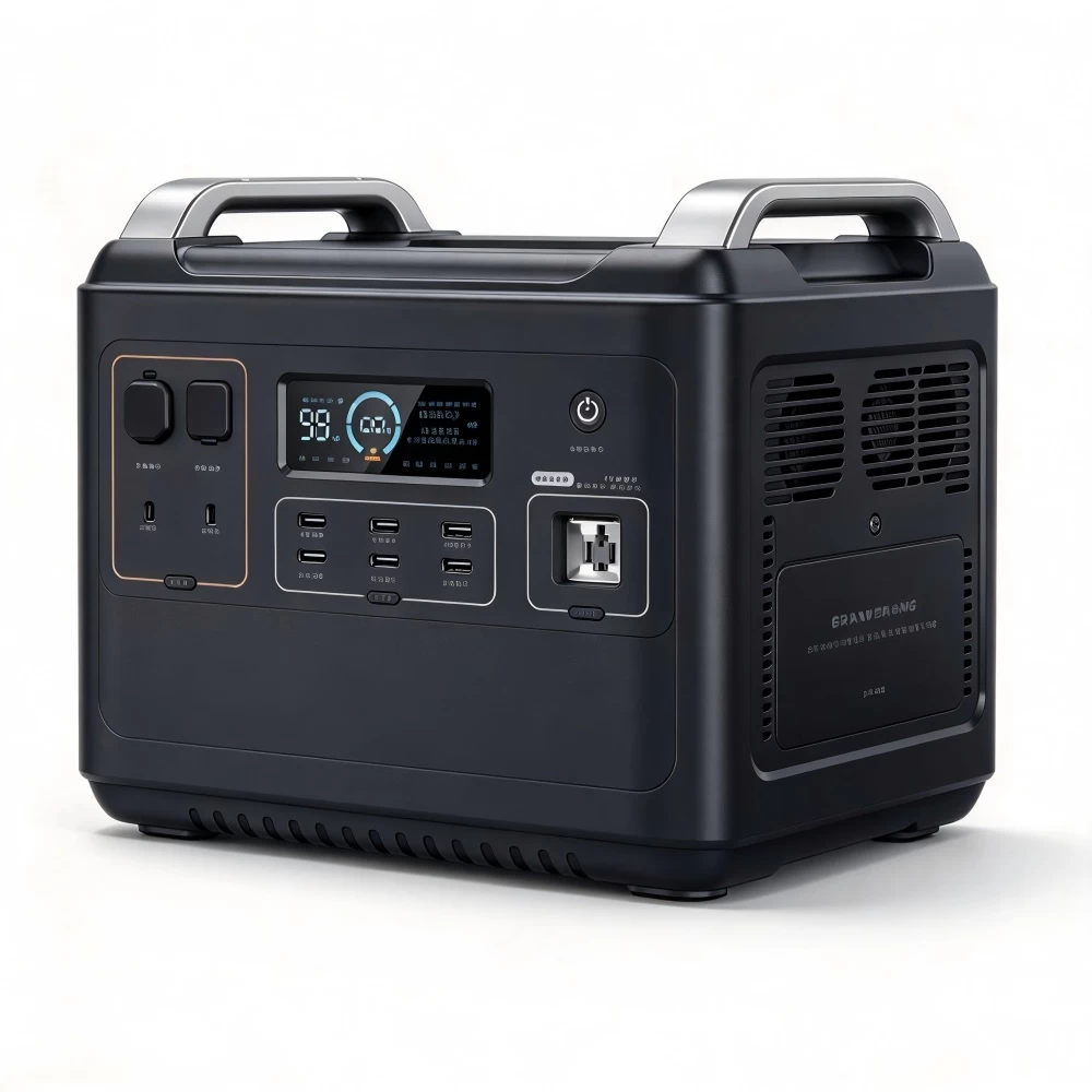 Side perspective view of 2000W portable power station showing durable handle and heat dissipation cooling vents