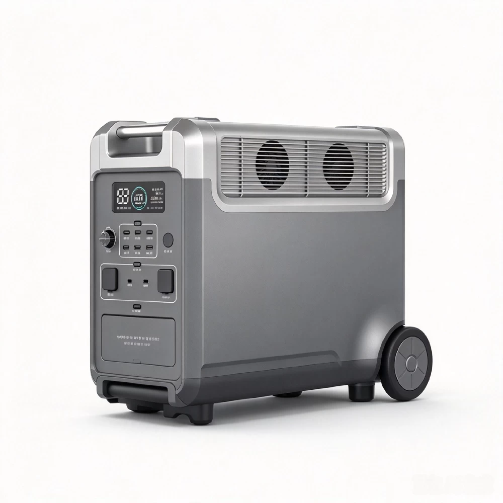 Side perspective view of 3600W 3840Wh portable power station on white background with heavy duty handles and cooling vents