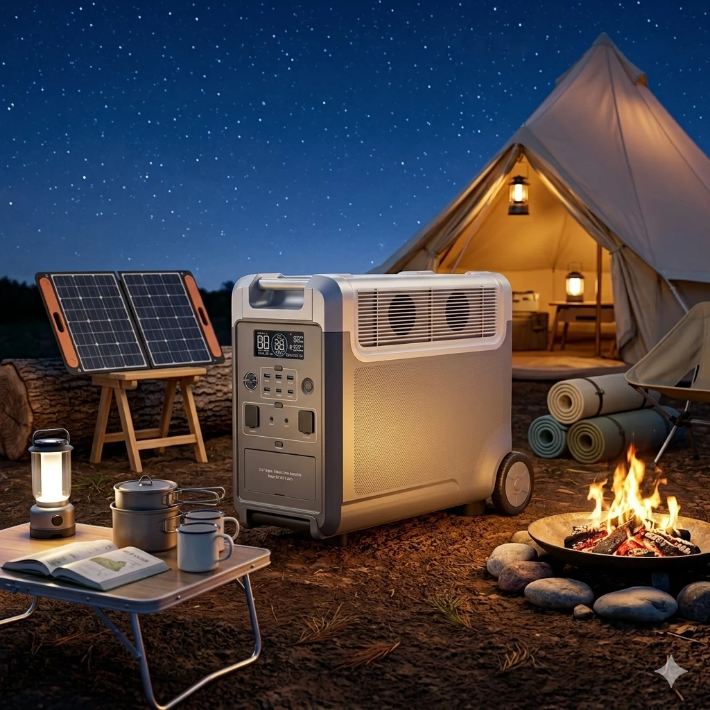 3600W portable power station powering lights and devices outside a tent during night camping