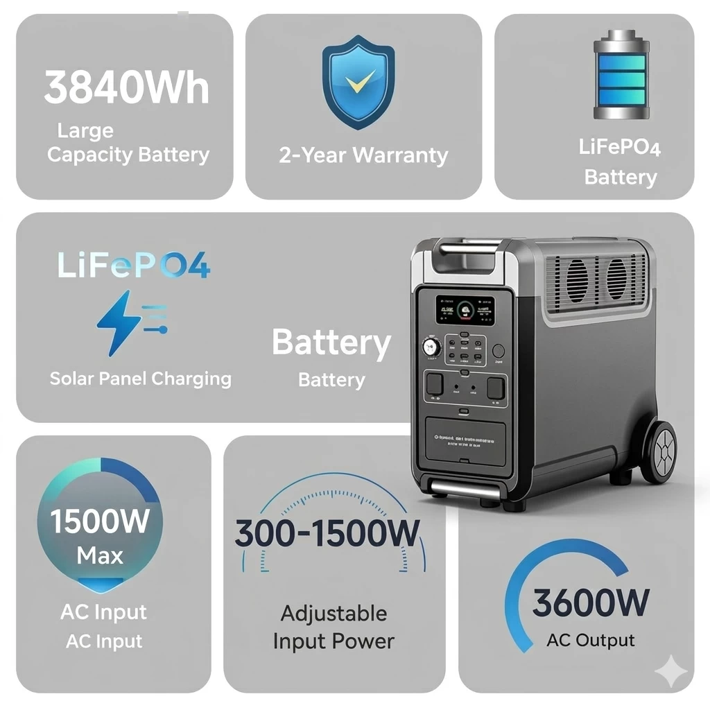 Feature infographic showing 3840Wh capacity, LiFePO4 battery, 5-year warranty, and 300W-1500W adjustable AC input power