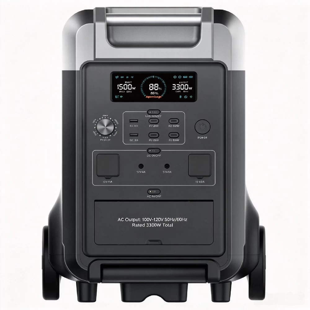 Front view of 3600W portable power station showing LCD display screen and multiple AC DC USB output ports