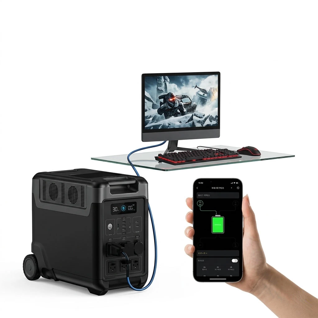 3600W portable power station used as home emergency backup power for computer monitor and small appliances