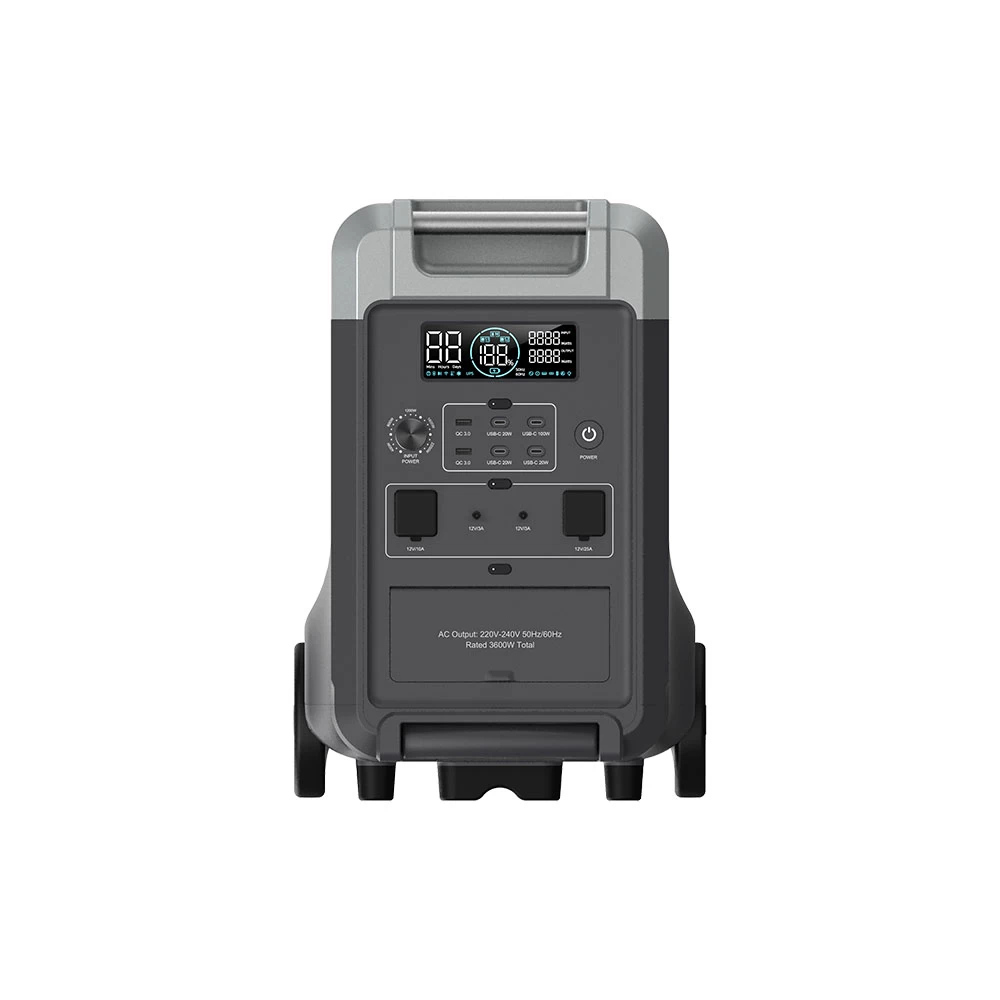 Infographic highlighting 3600W output 3840Wh battery capacity 2.2 hour fast AC charging and less than 10ms UPS transfer