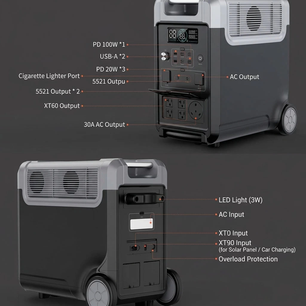 Side view of 3600W portable power station showing heavy duty handle and side heat dissipation cooling vents