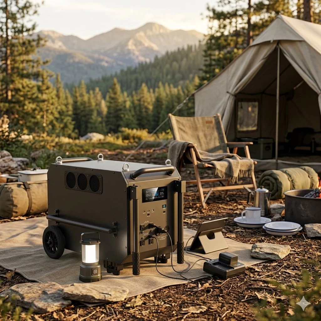 10kWh portable power station powering camping gear and outdoor equipment near a tent and RV at dusk