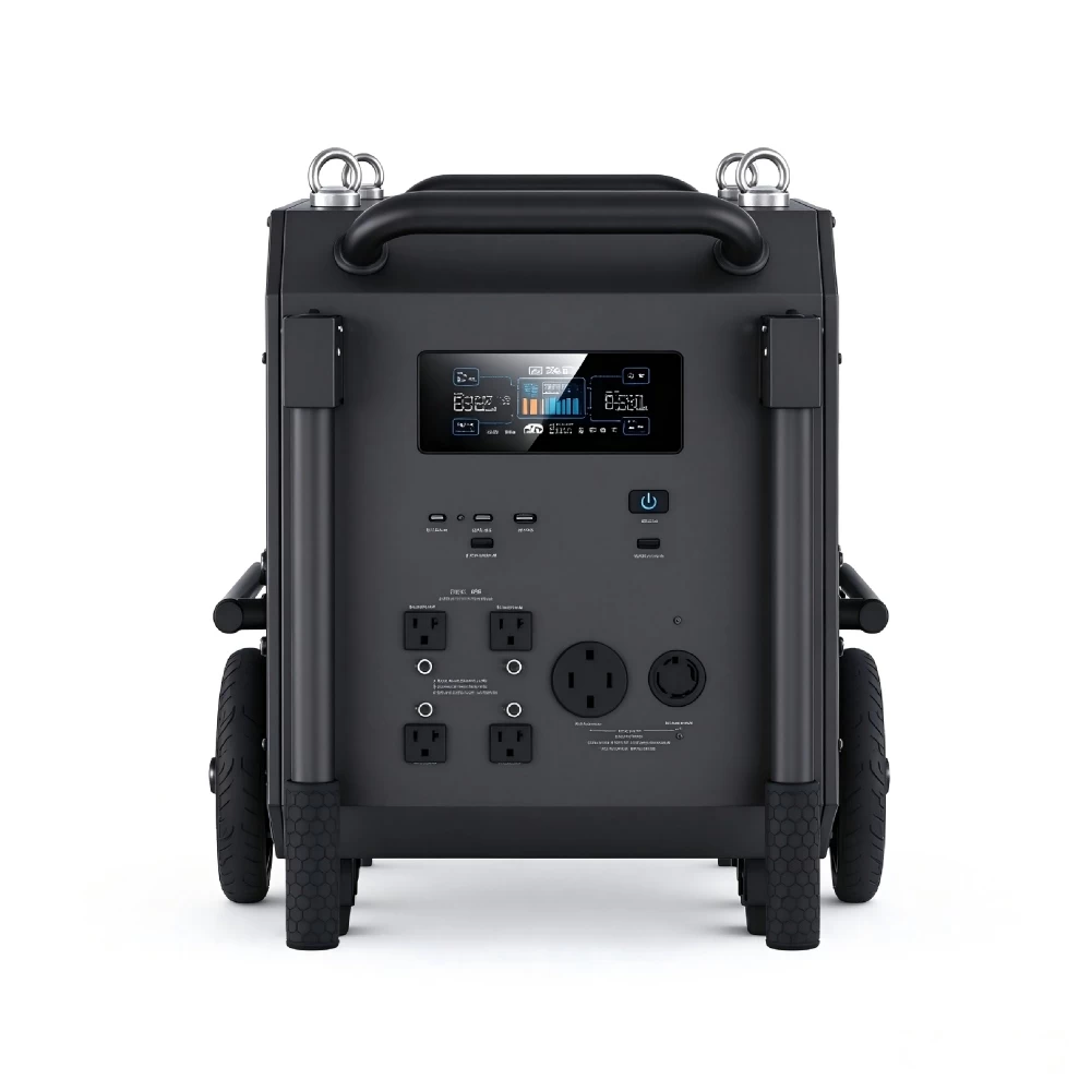 Front view of 7200W heavy duty power station showing LCD display screen and multiple AC DC USB power output ports