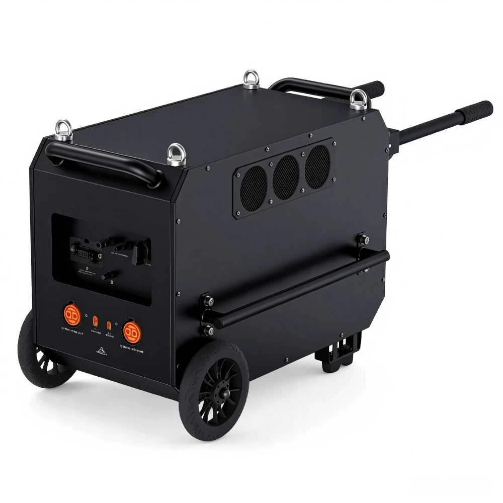Rear angle view of 10kWh expandable portable power station highlighting trolley handle and rugged wheels for mobility