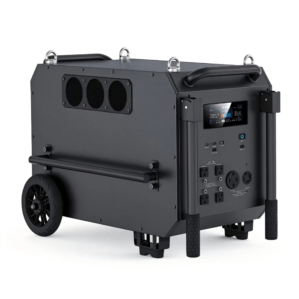 Side perspective view of 7200W 10kWh large capacity portable power station with heavy duty wheels and extendable pull handle