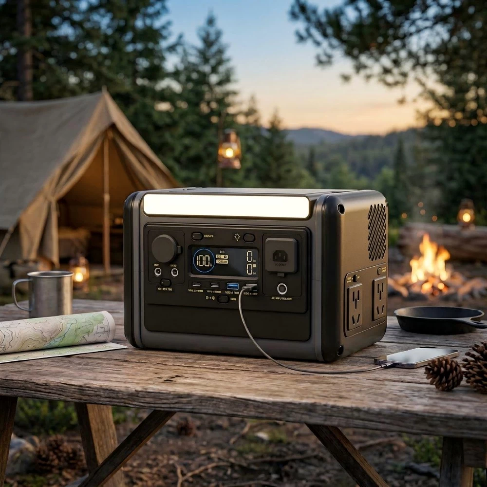300W portable power station powering devices on a wooden table at an outdoor camping setup near campfire