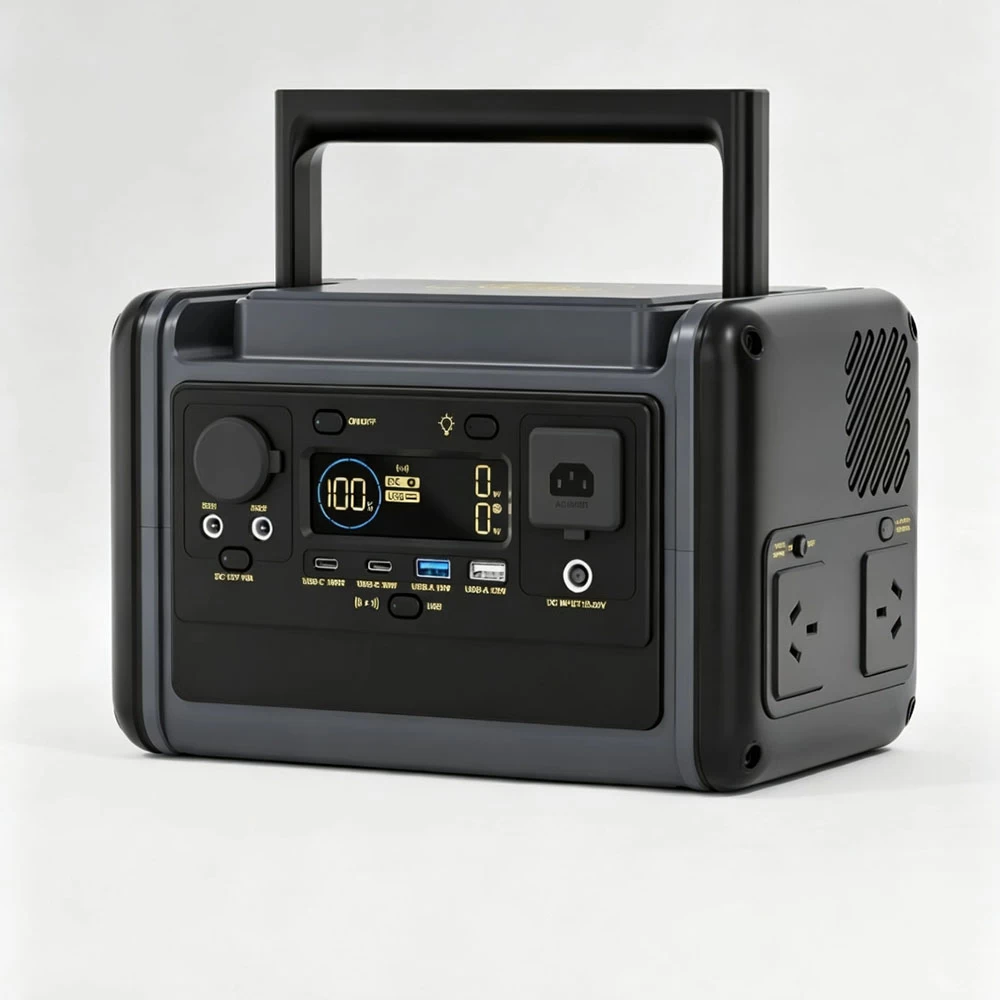 Front view of 300W portable power generator showing sturdy carrying handle, power display, and PD100W Type-C ports