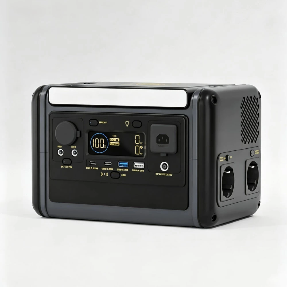 Side perspective of 300W bidirectional power station showing active cooling vents and DC charging inputs