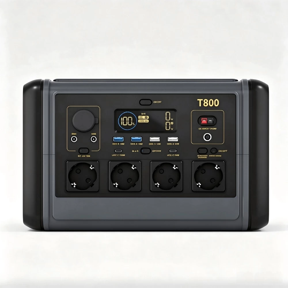 Side perspective view of 800W 512Wh portable power station with orange handle accents and LCD screen on white background