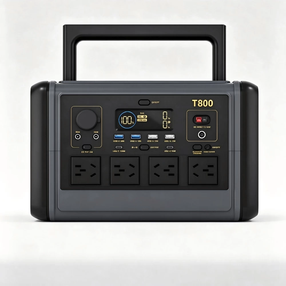 3/4 angle view of 800W portable power generator highlighting fireproof ABS casing and active cooling vents