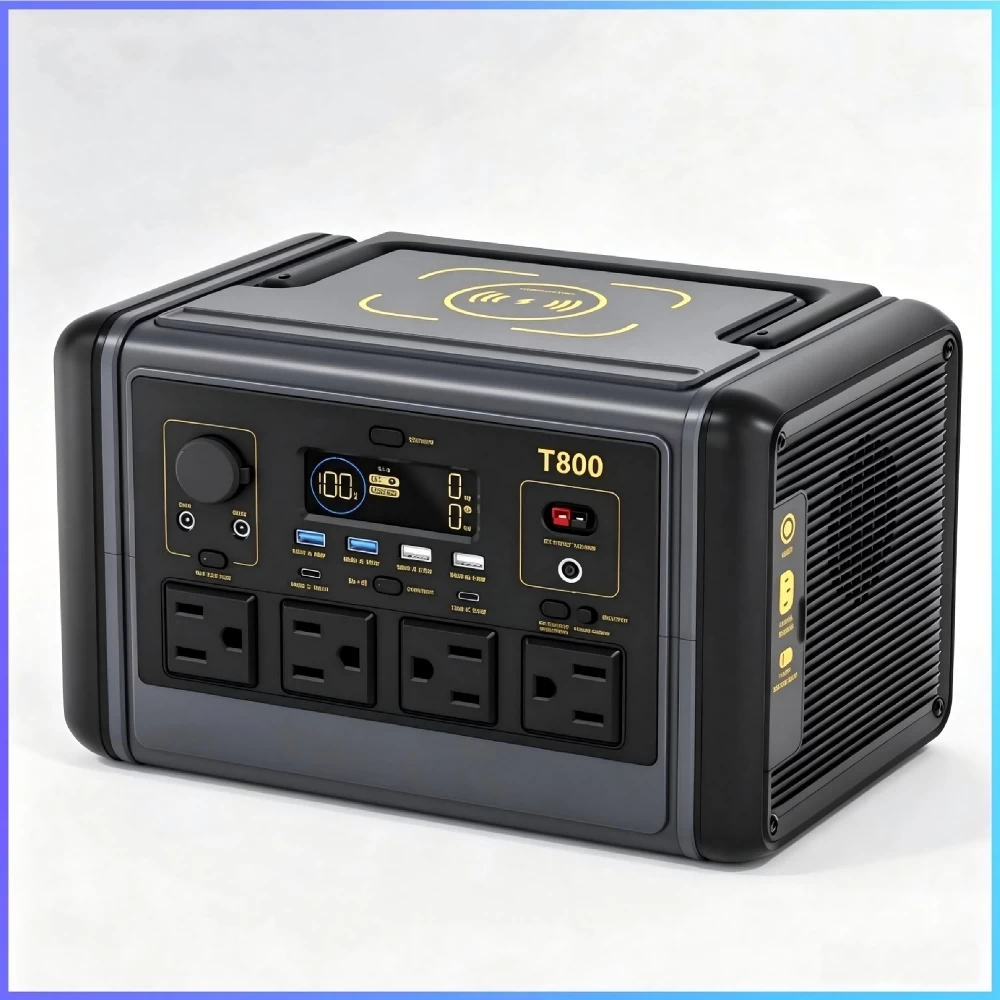 Front view of 800W LiFePO4 power station showing LCD display, multiple AC DC USB ports, and top wireless charging pad