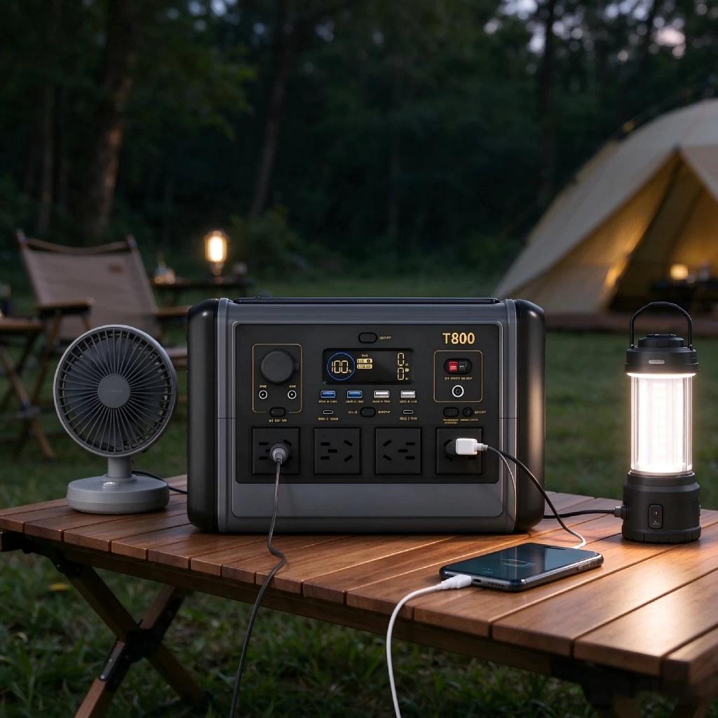 800W portable power station charging smartphones and powering small camping appliances on a wooden picnic table