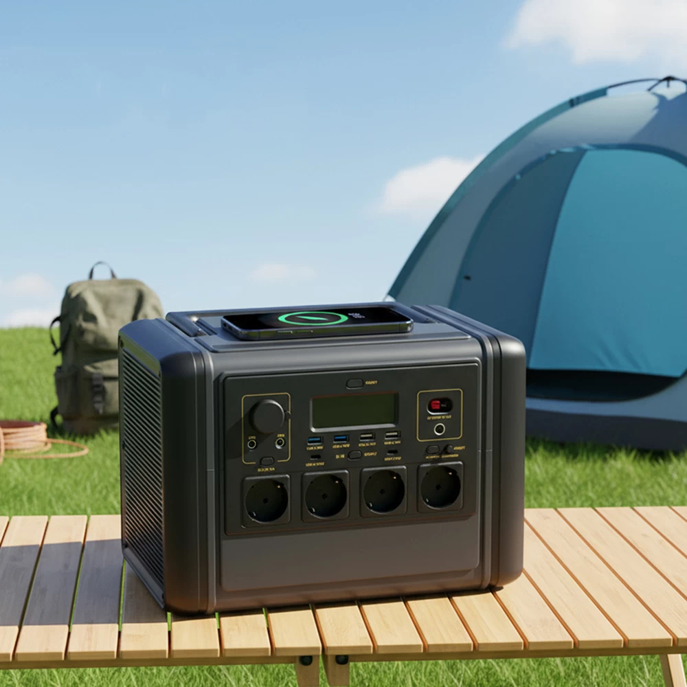 1200W portable power station providing electricity for outdoor camping gear, laptops, and home emergency backup devices