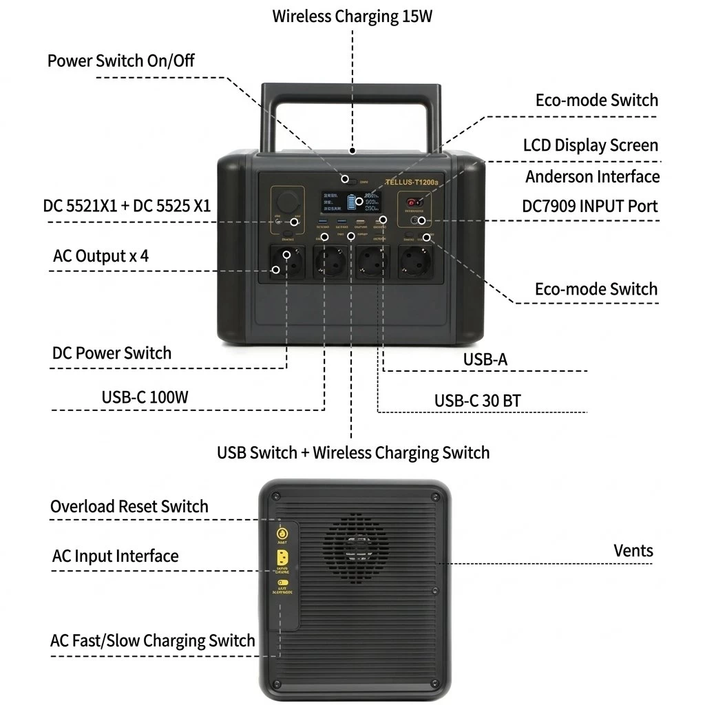 Close-up view of 1200W power station control panel featuring AC DC USB ports, 100W Type-C fast charge, and top wireless charging pad