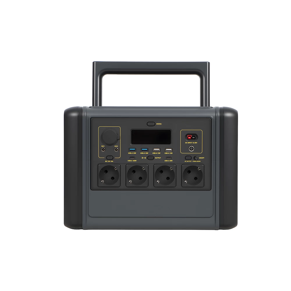Front angle view of 1200W portable power generator showing fireproof ABS casing and ergonomic carrying handle