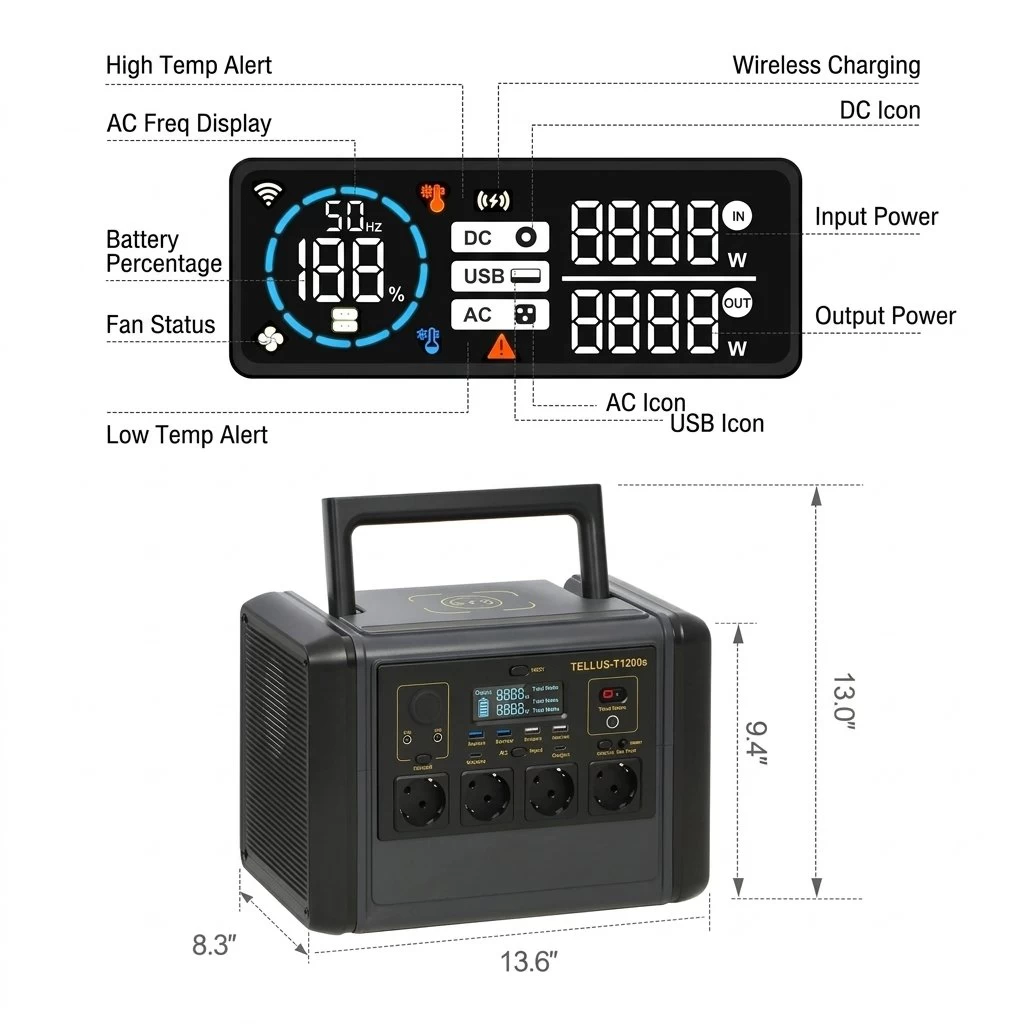 Feature infographic showing 1200W continuous output, 1024Wh capacity, LiFePO4 battery pack, and multiple output ports