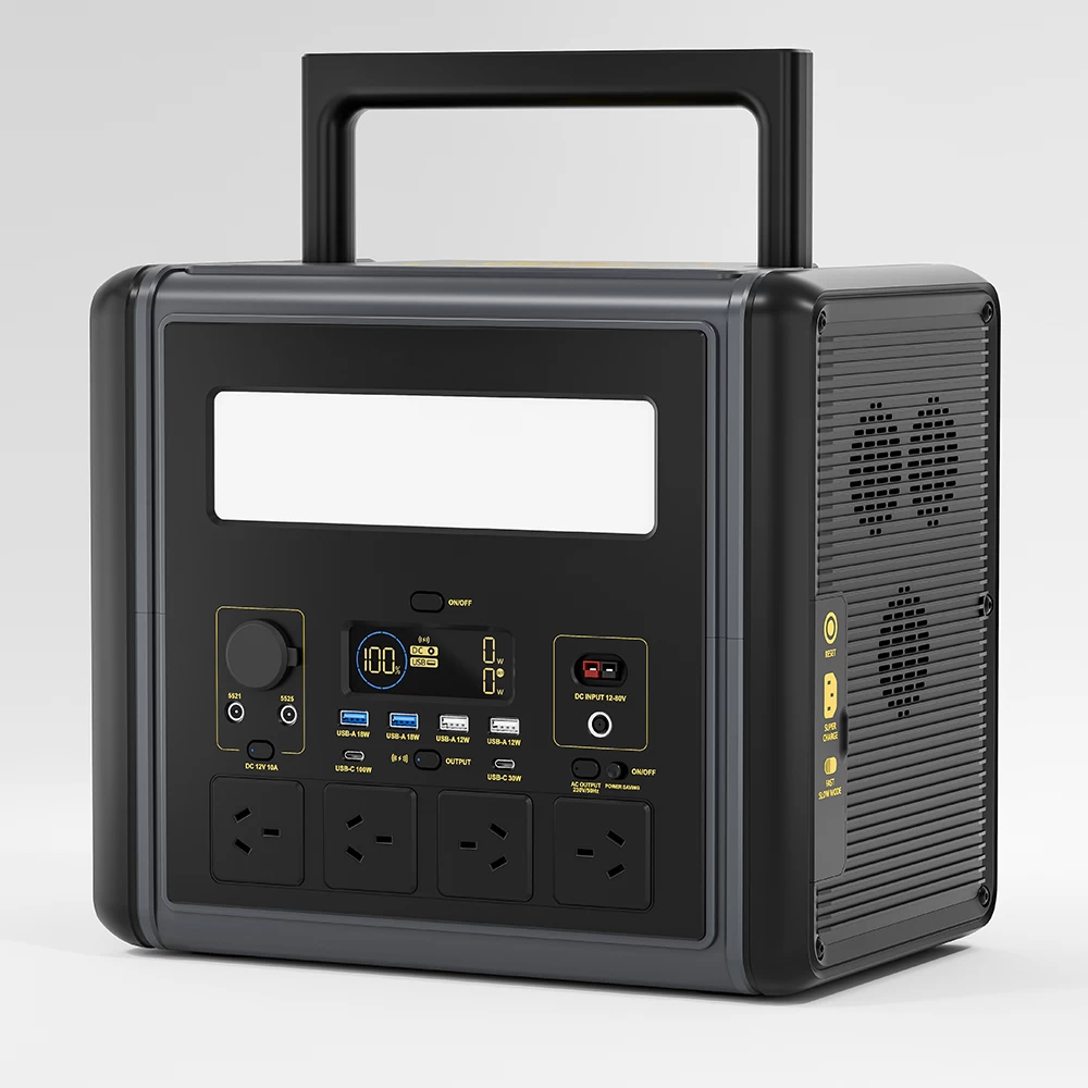 3/4 angle view of 2000W portable power station highlighting fireproof ABS casing and heavy duty carrying handle