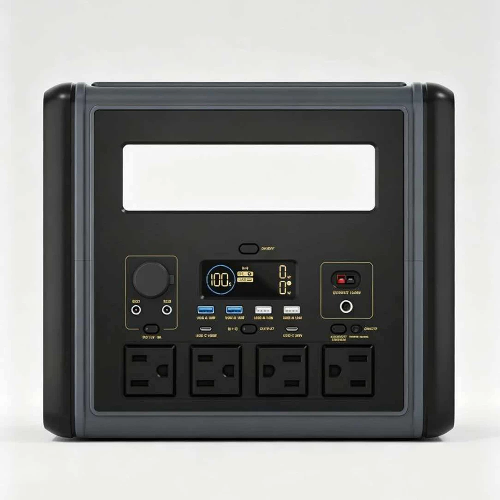 Front view of 2000W LiFePO4 power generator showing clear LCD display screen, multiple AC DC USB ports, and PD100W Type-C