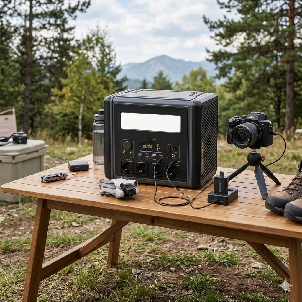 2000W portable power station powering electronics on a wooden picnic table at an outdoor camping site