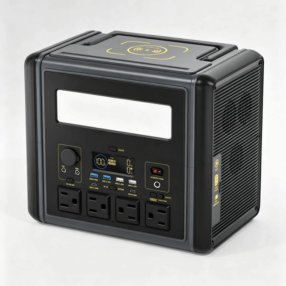 Side perspective view of 2000W 1536Wh portable power station on white background with LCD screen and active cooling vents