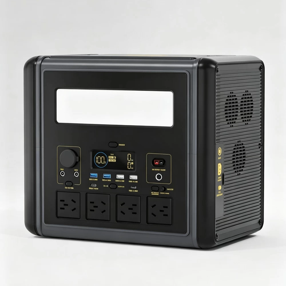 Side angle view of 2000W 1536Wh power station showing heat dissipation vents and DC cigarette lighter ports
