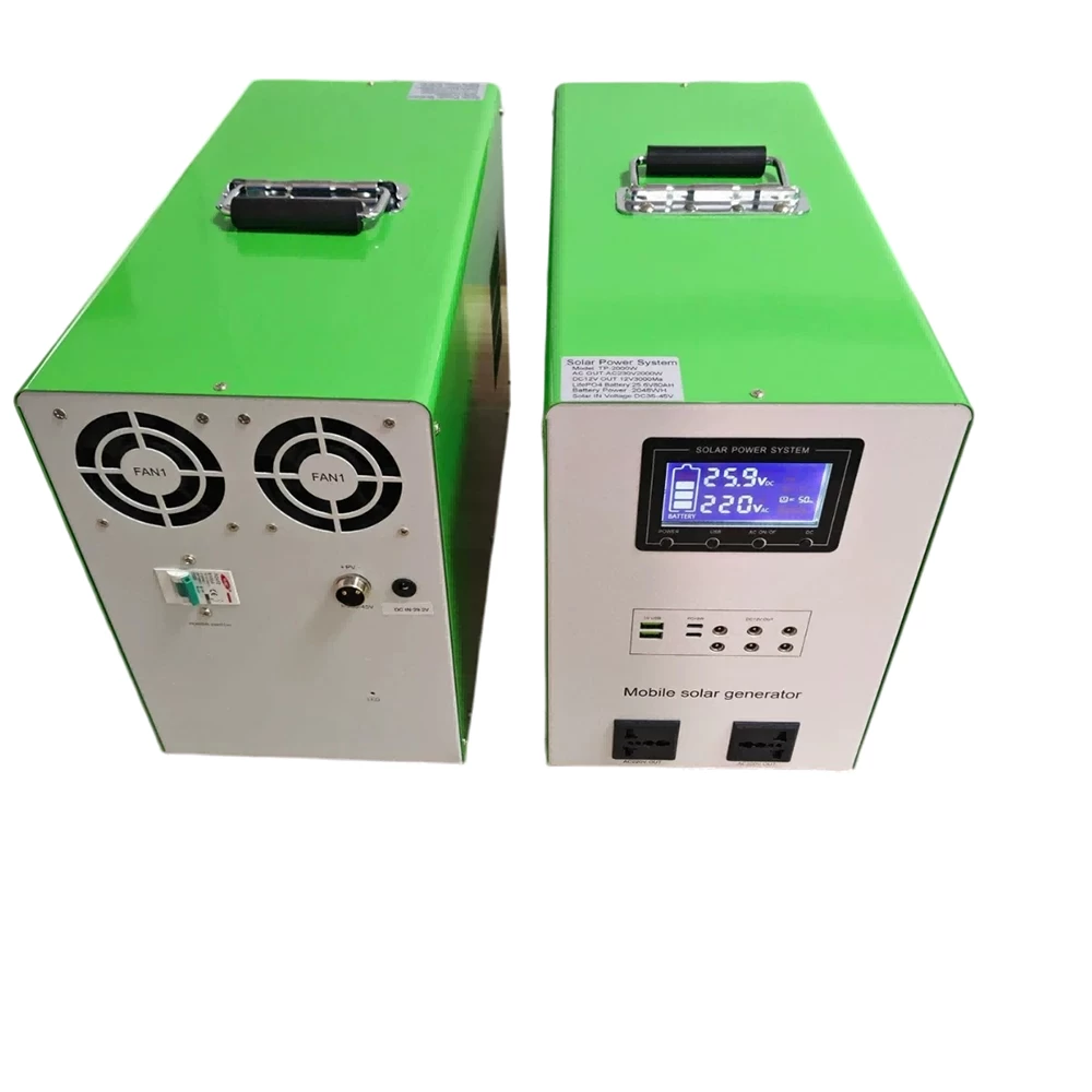 Front and side view of green all-in-one solar power system with LCD display screen, AC sockets, and cooling vents