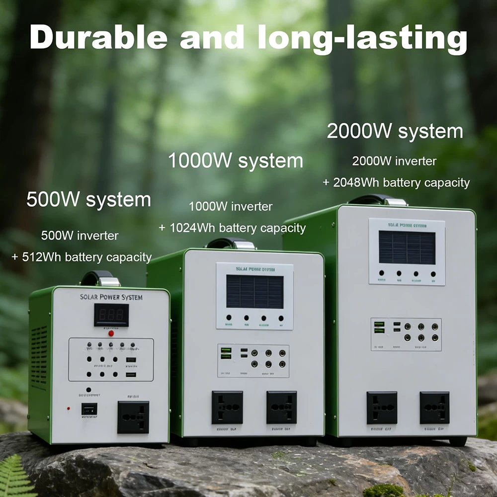 Product line comparison of 500W, 1000W, and 2000W durable all-in-one solar power system units
