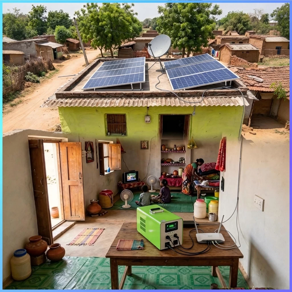 All-in-one solar energy system with rooftop solar panels providing electricity for a rural home