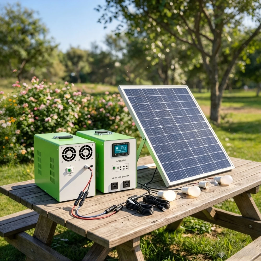 All-in-one portable solar power generator connected to a foldable solar panel setup outdoors