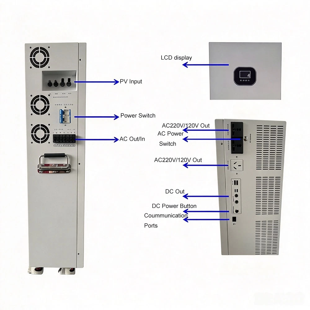 Diagram of home solar power storage system detailing battery modules, inverter connections, and wiring setup