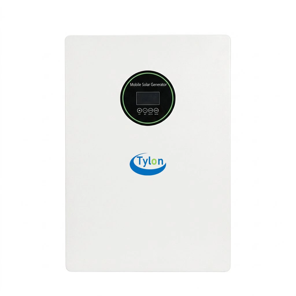 Front view of white home solar energy storage all-in-one system with sleek modern design and logo