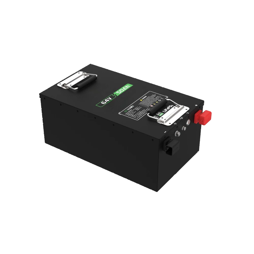 64V 50Ah Plastic Case LiFePO4 Battery Terminal and Side View