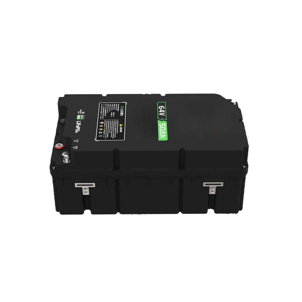 64V 50Ah Plastic Case LiFePO4 Battery Terminal and Side View