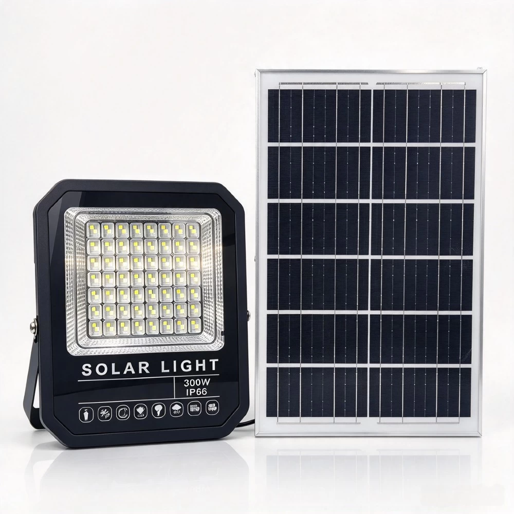 Durable high lumen solar flood light set with high efficiency solar panel
