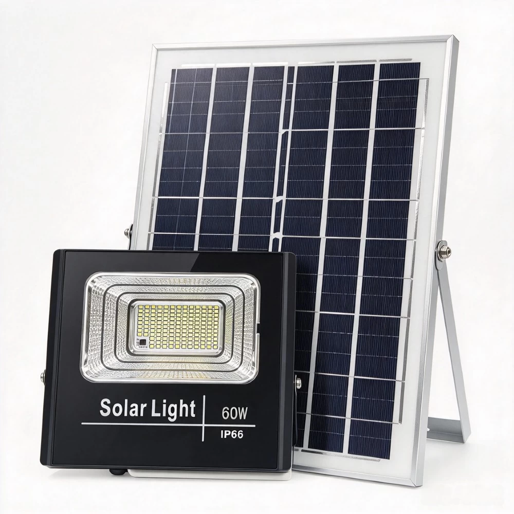 60W solar LED flood light with high-efficiency PV panel for yard and garden