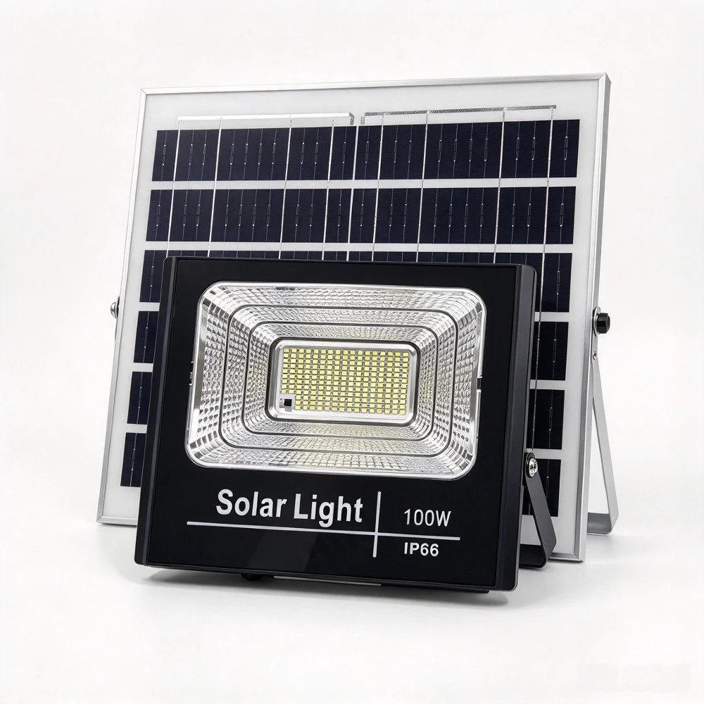 100W solar LED flood light with high-efficiency PV panel for yard and garden